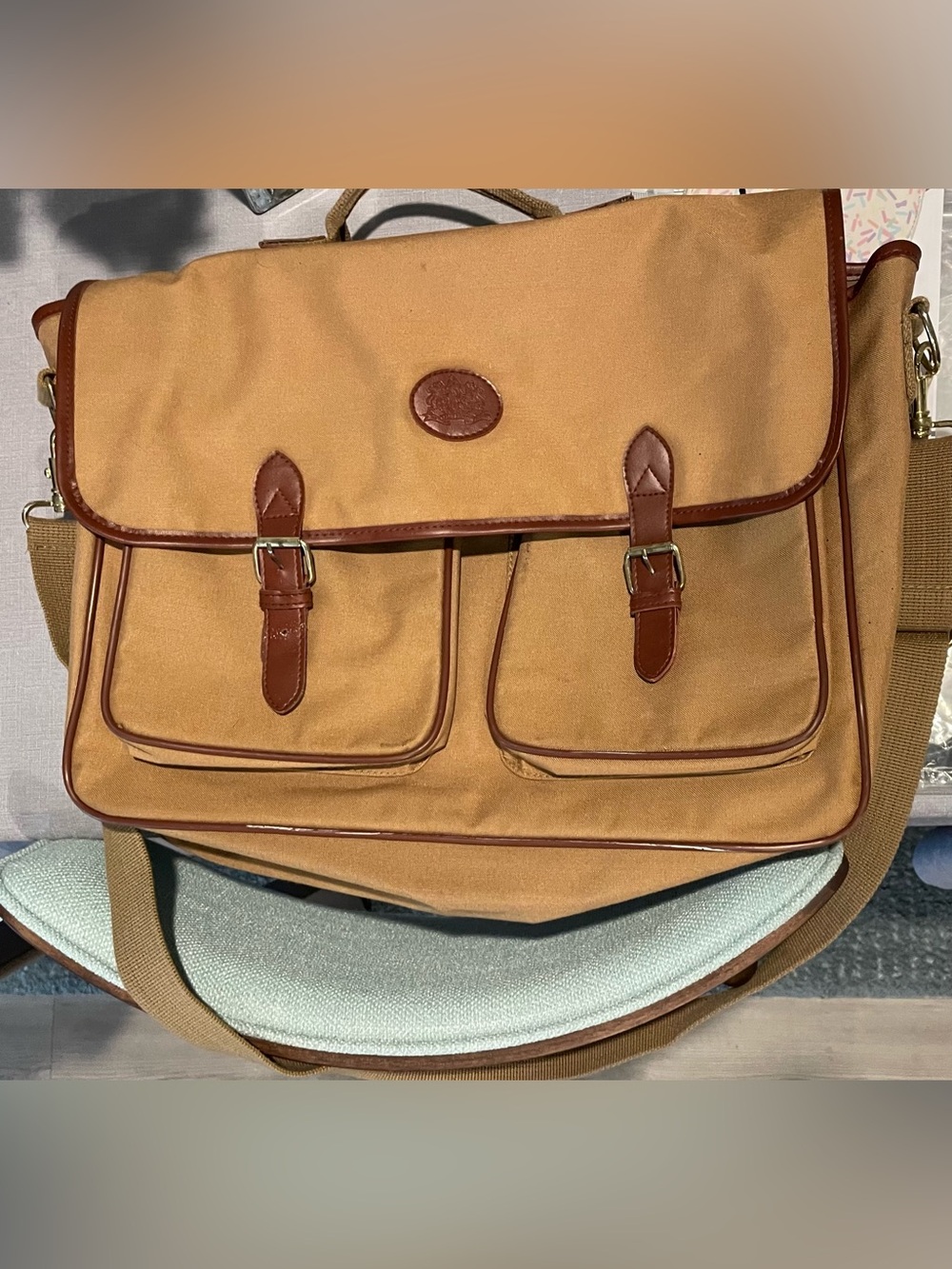 VTG Polo Ralph Lauren Shoulder Laptop Messenger Bag Beige Leather Straps - Picture 3 of 10